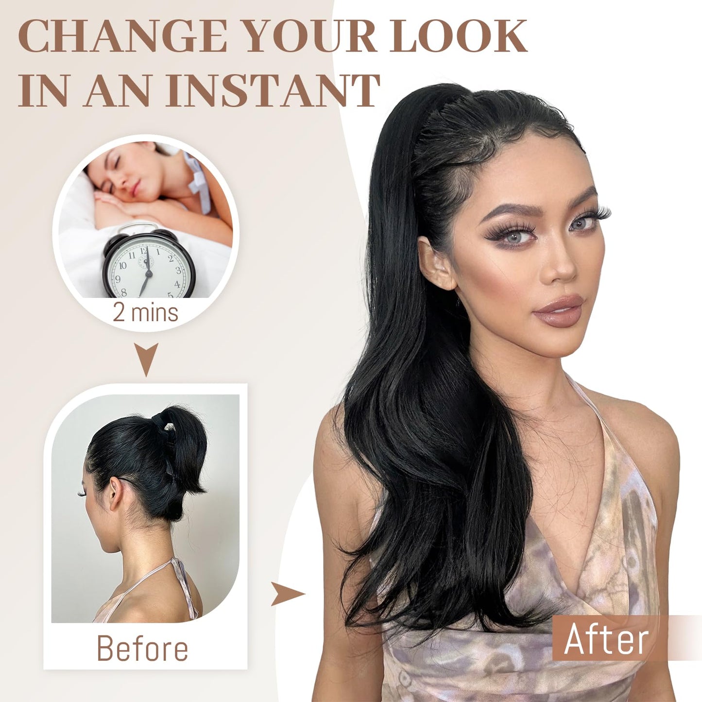 KooKaStyle Ponytail Extensions, 22 inch Black Long Drawstring Wavy Clip in Ponytail Hair Extensions Layered Synthetic Hairpiece for Women