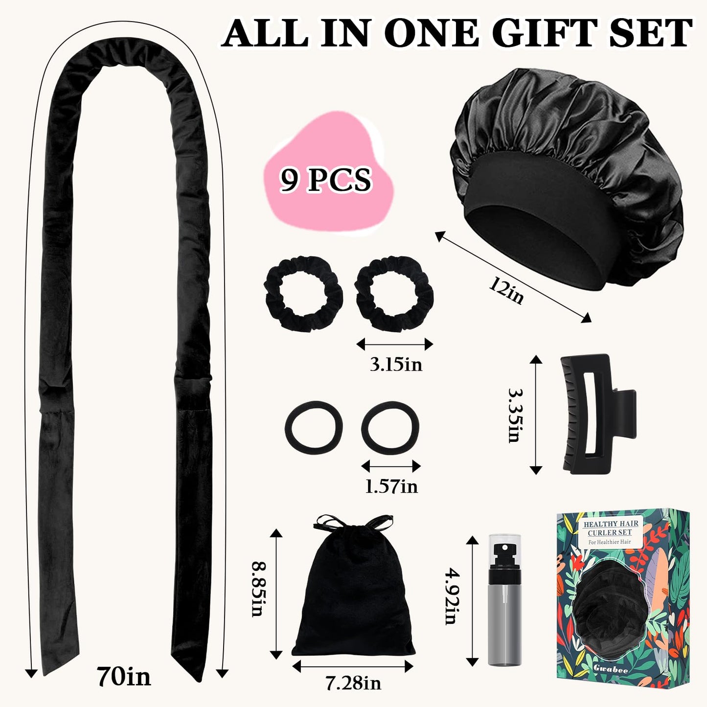 Gwabee No Heat Hair Curlers Overnight Curls Headband - 70" Soft Ribbon Curl Wrap for Long Hair, 9 PCS Curling Rod Set with Bonnet - Black