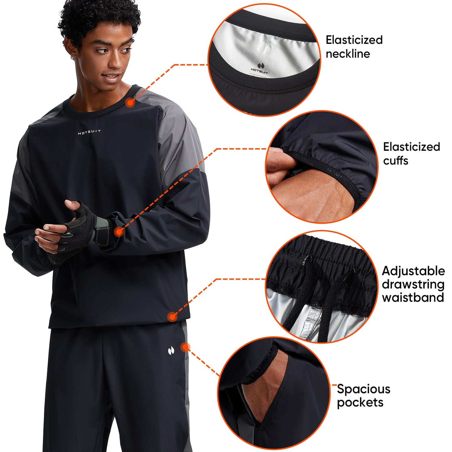 HOTSUIT Sauna Suit Men Sweat Suits Anti Rip Gym Exercise Workout Sauna Jackets Pants, Black, M