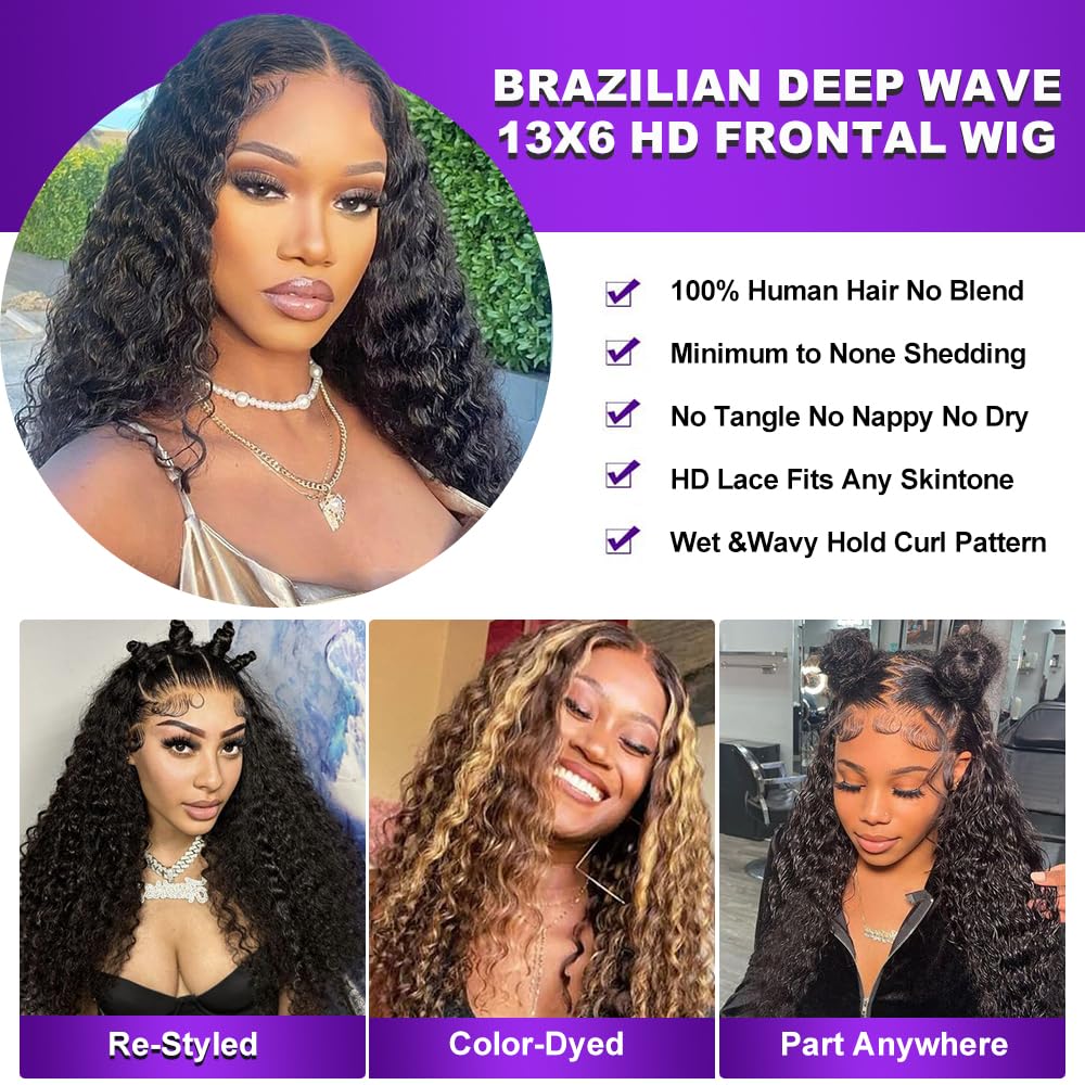 13x6 Deep Wave Lace Front Wigs Human Hair 200% Density Black Curly Lace Frontal Wig Human Hair for Women Glueless Wigs Human Hair Wet and Wavy Wigs Pre Plucked with Baby Hair (32 Inch)