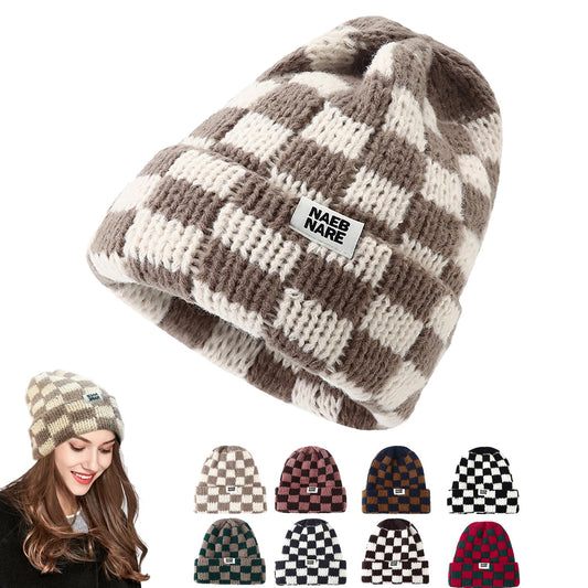 Cuffed Knit Beanie Hats for Men Women Checkerboard Plaid Womens Hat Stretch Winter Beanies Skull Cap Slouchy Warm Ski Caps Unisex