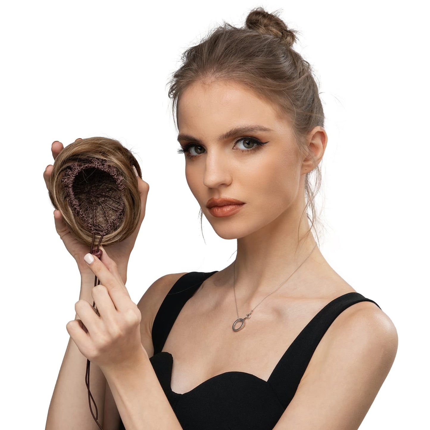 SARLA Drawstring Hair Bun Extension Dark Brown/Golden Synthetic Fake Ballet Bun Hair Piece for Women Girls Lady Updo Donut Chignon