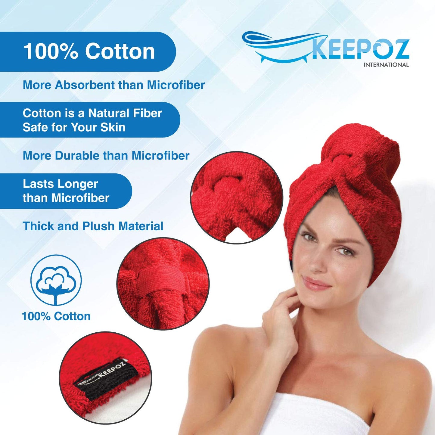 KEEPOZ Hair Towel Wrap Quick Dry 100% Cotton Super Absorbent Turban Head Wrap for Women with Button, Non Microfiber Anti Frizz Hair Cap for Curly, Long & Thick Hair (Pink+Red, 2 Pcs)