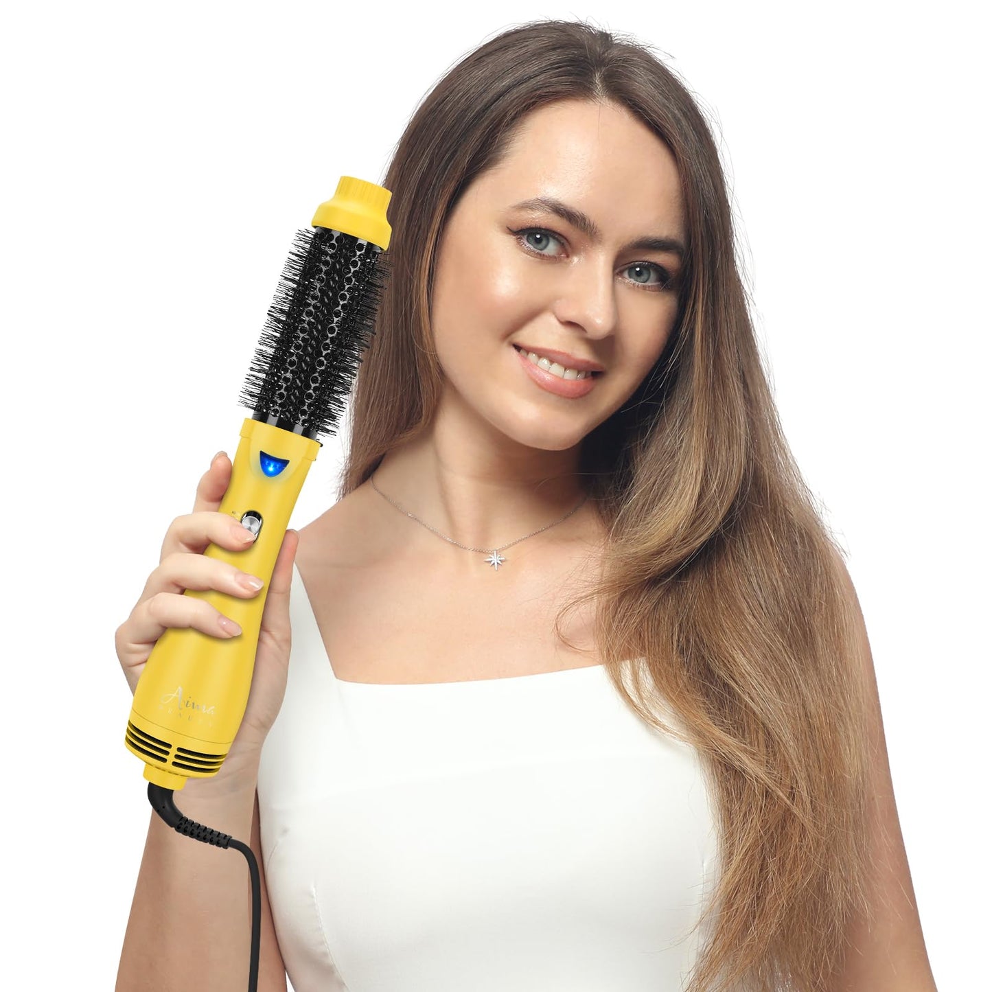Hair Dryer Brush, Aima Beauty 4-in-1 Upgrade Hot Air Straightener Curler Function for Women, Hair Styling Tools, Yellow-Round