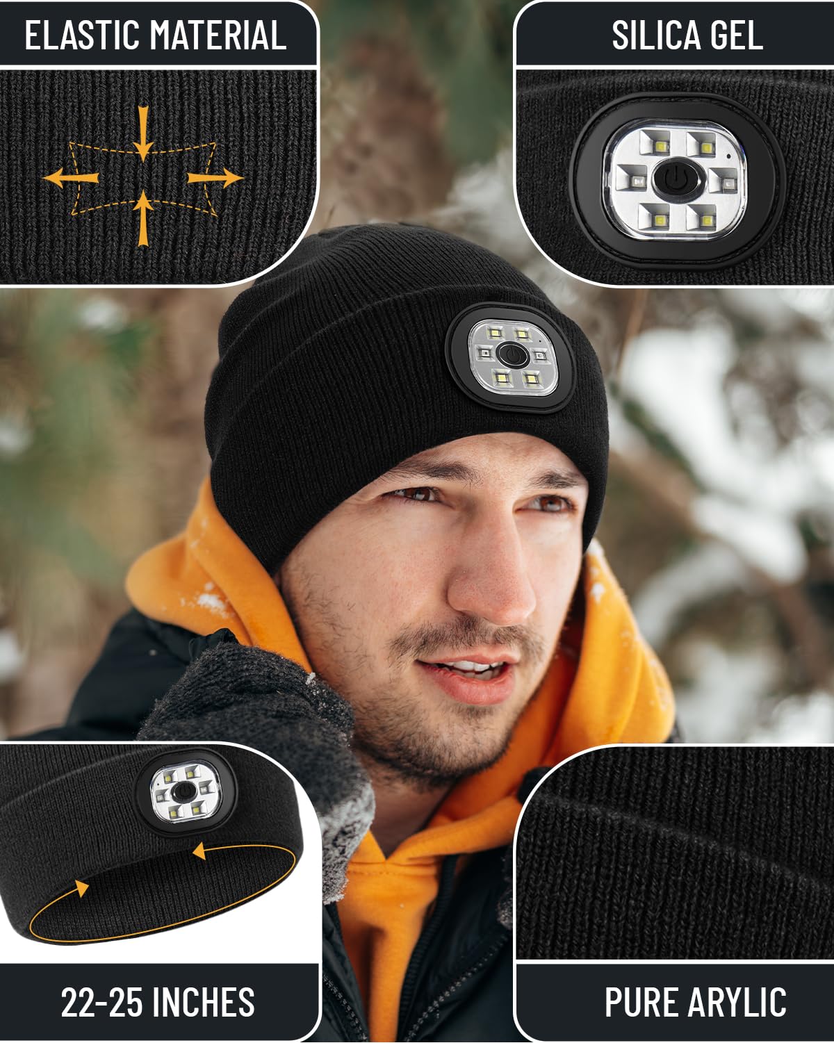 Rechargeable LED Beanie Headlamp - Unisex Winter Knit Cap with Hands Free Flashlight for Fishing, Running, Camping Black