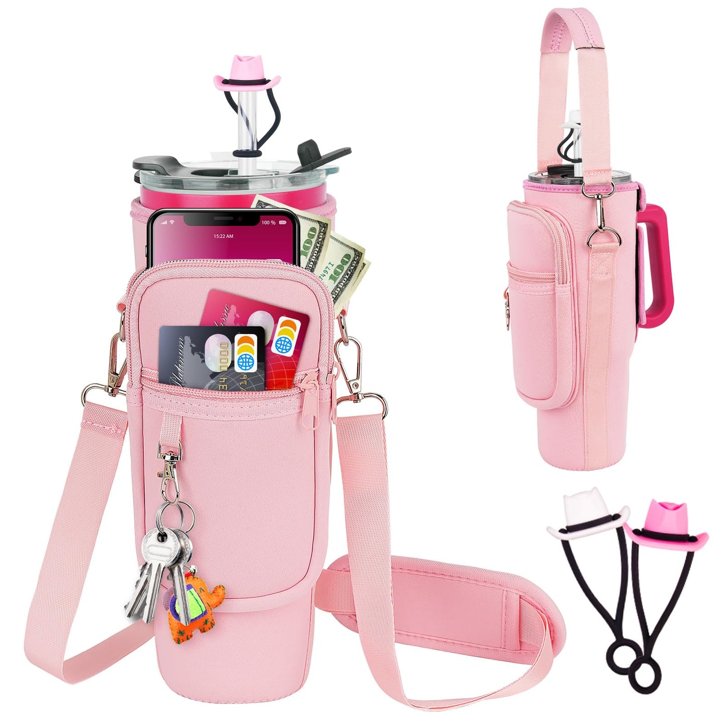 Water Bottle Carrier Bag with Phone Pocket and 2 Straw Covers Compatible with Stanley/Meoky/BrüMate 40 oz Tumbler with Handle,Water Bottle Holder with Adjustable Strap Fits for Stanley Cup Accessories