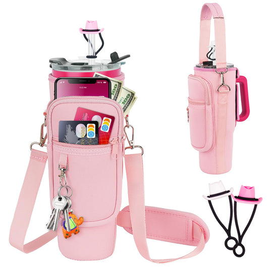 Water Bottle Carrier Bag with Phone Pocket and 2 Straw Covers Compatible with Stanley/Meoky/BrüMate 40 oz Tumbler with Handle,Water Bottle Holder with Adjustable Strap Fits for Stanley Cup Accessories