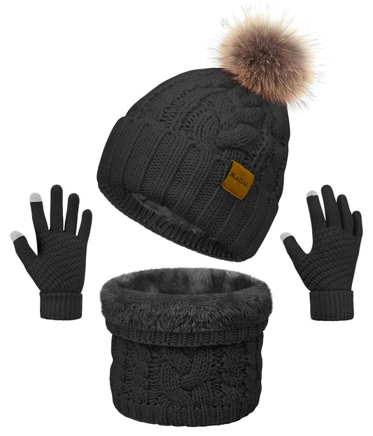 3 Pieces Winter Hat and Scarf Set for Women Warm Knit Beanie Fleece Lined Pom Hats Neck Warmer Touchscreen Gloves Gifts,Black Set