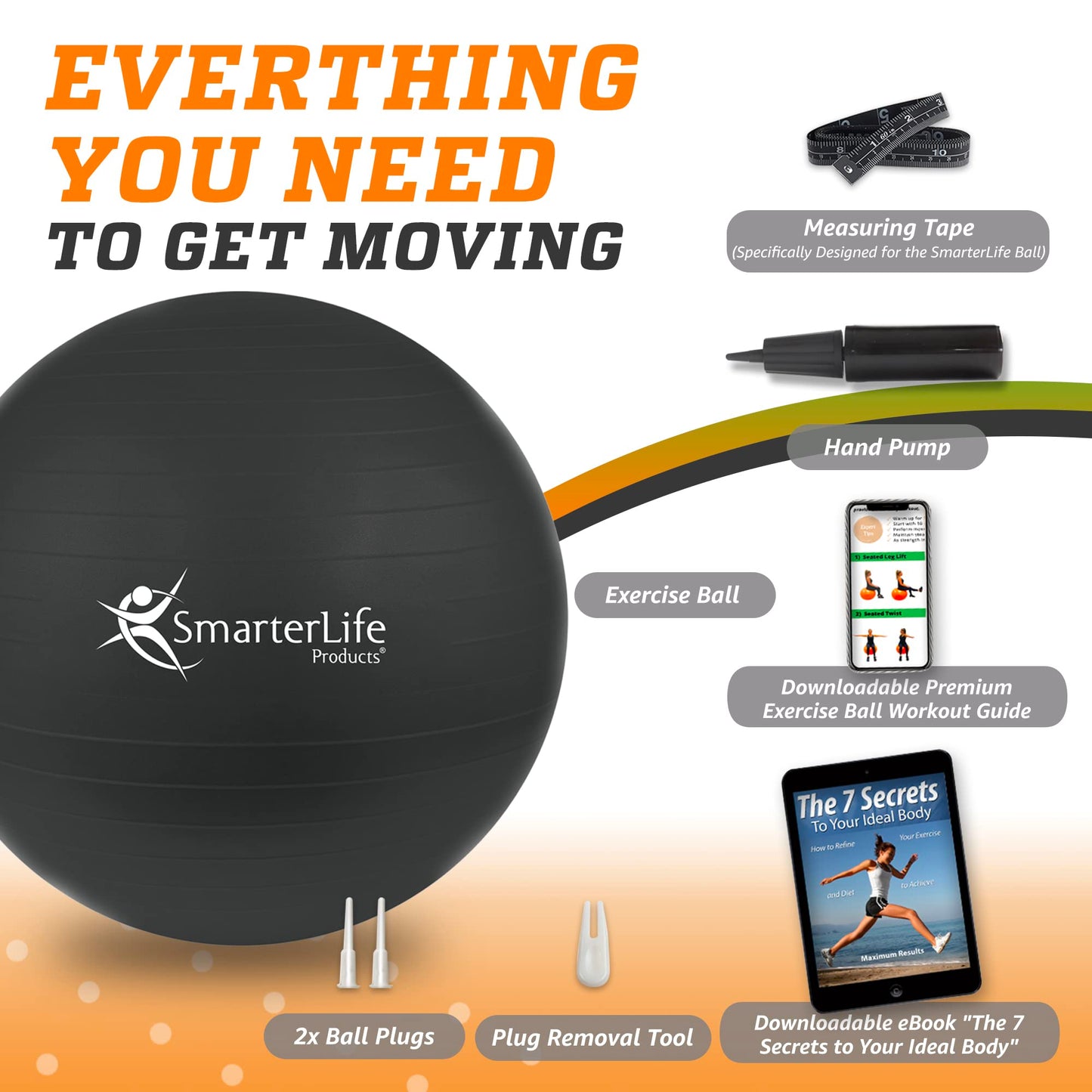 SmarterLife Workout Exercise Ball for Fitness, Yoga, Balance, Stability, or Birthing, Great as Yoga Ball Chair for Office or Exercise Gym Equipment for Home, No-Slip Design (45 cm, Black)