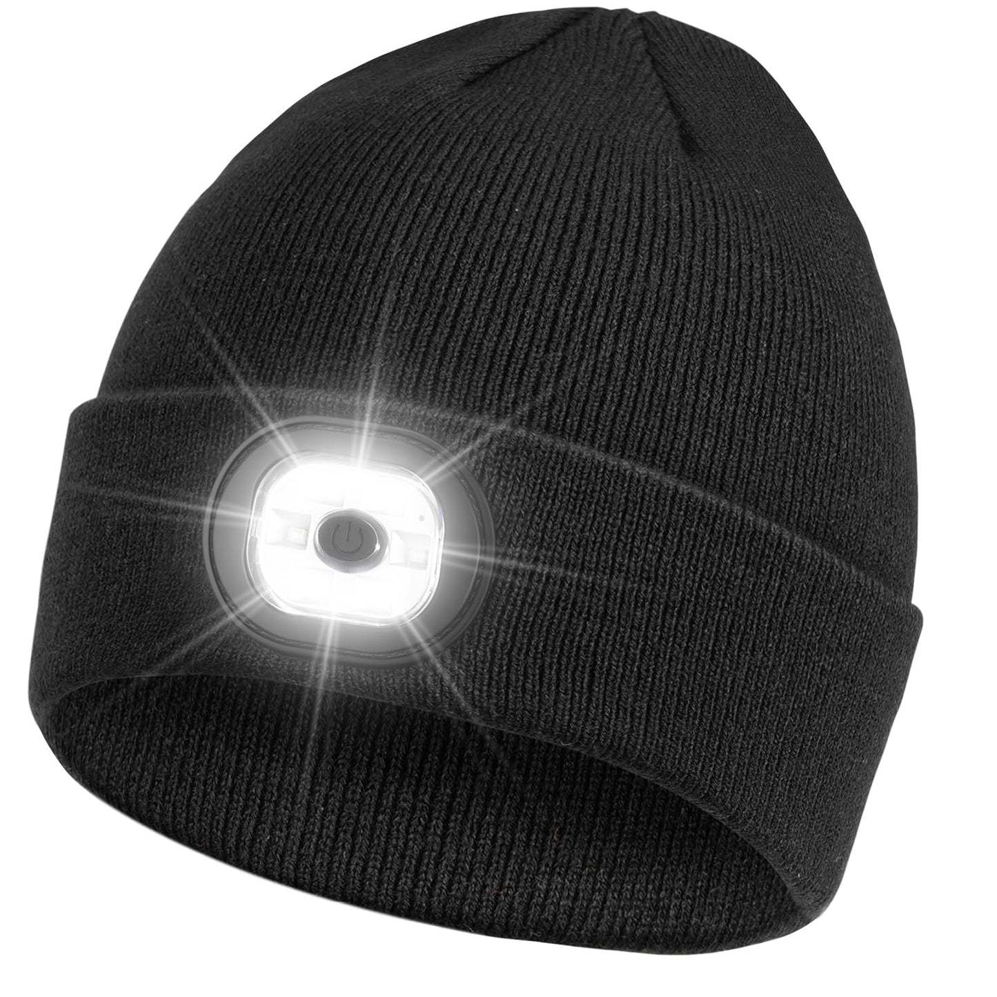 Rechargeable LED Beanie Headlamp - Unisex Winter Knit Cap with Hands Free Flashlight for Fishing, Running, Camping Black
