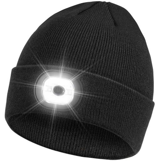Rechargeable LED Beanie Headlamp - Unisex Winter Knit Cap with Hands Free Flashlight for Fishing, Running, Camping Black