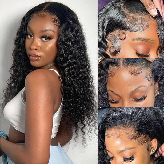 13x4 Deep Wave Lace Front Wigs Brazilian Human Hair Deep Curly 200% Density HD Lace Frontal Human Hair Wigs for Women Glueless Wig Pre Plucked Natural Black 18 Inch