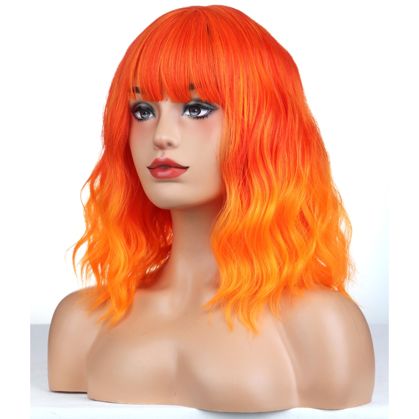 MAGQOO Orange Wig Orange Ombre Flame Fire Wig with Bang Women Girls Short Curly Wavy Neon Orange Hair Wig Synthetic Cosplay Costume Wigs(Orange Ombre)