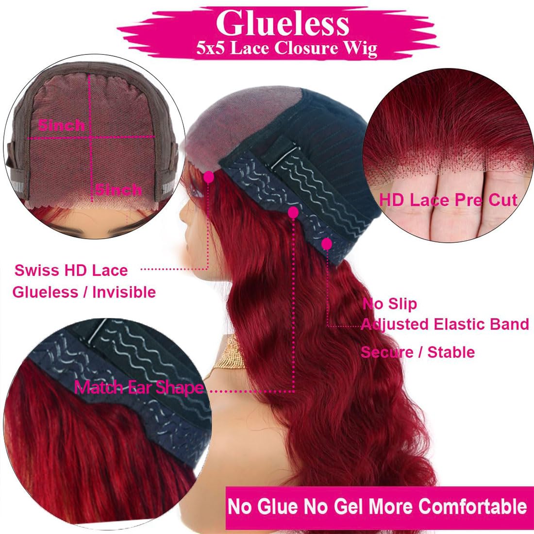 99J Burgundy 5X5 Lace Closure Wigs Human Hair Glueless Wigs HD Transparent 180 Density Wine Red Pre Plucked Pre Cut Body Wear for Beginners 22 Inch