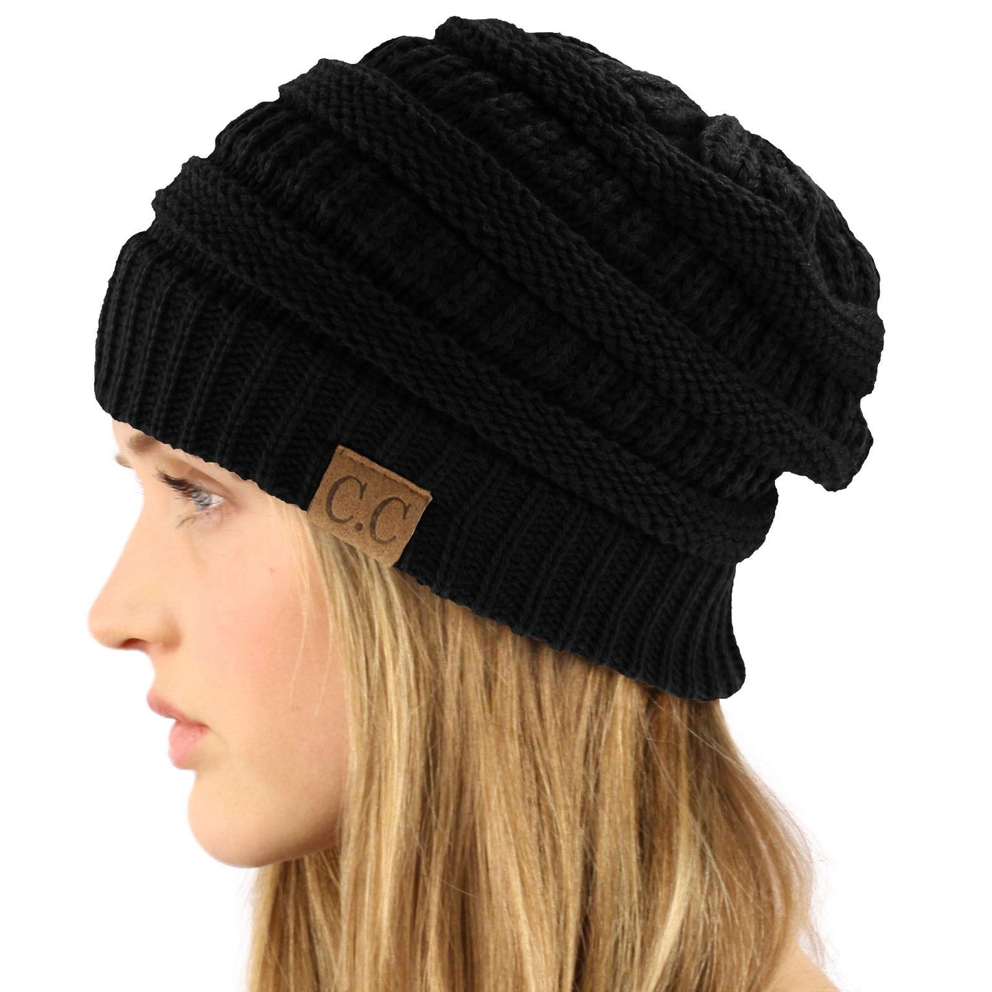 C.C Fleeced Fuzzy Lined Unisex Chunky Thick Warm Stretchy Beanie Hat Cap Solid Black by SK Hat Shop