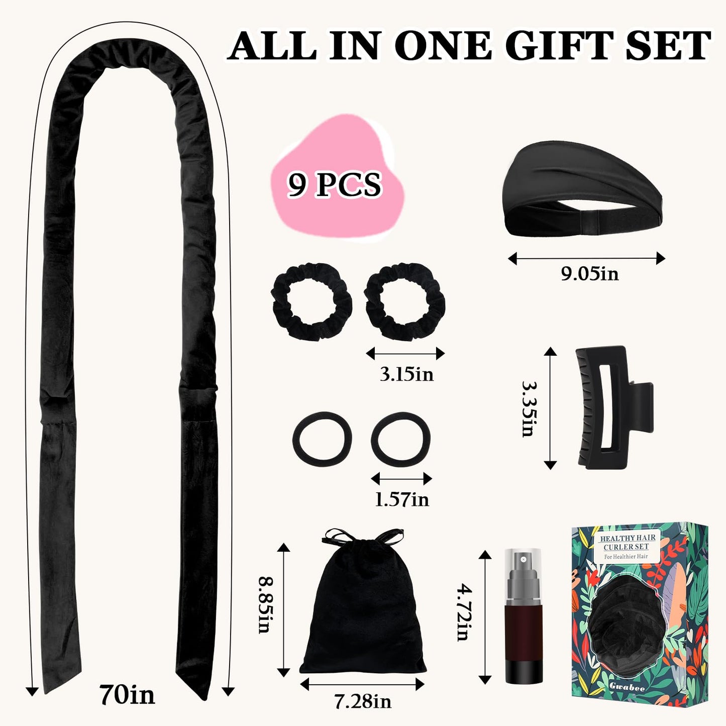 Gwabee No Heat Curling Headband, 70" Soft Hair Curlers to Sleep In Overnight Curls Headband, No Heat Hair Curler Ribbon Curl Wrap for Long Hair Rollers, 9 PCS Curling Rods Set with Yoga Strap -Black