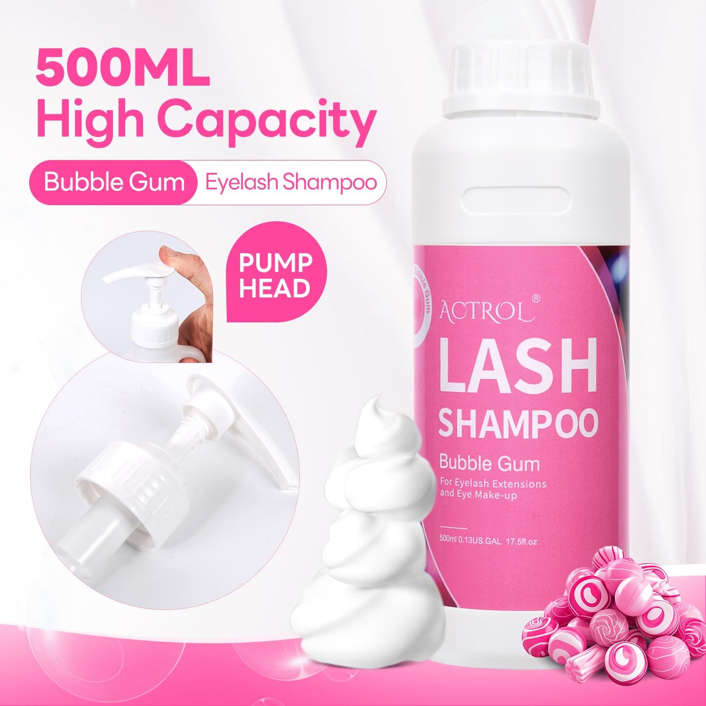 ACTROL Lash Shampoo Bubble Gum 500ml Eyelash Shampoo Lash Wash Shampoo Lash Cleanser Foam