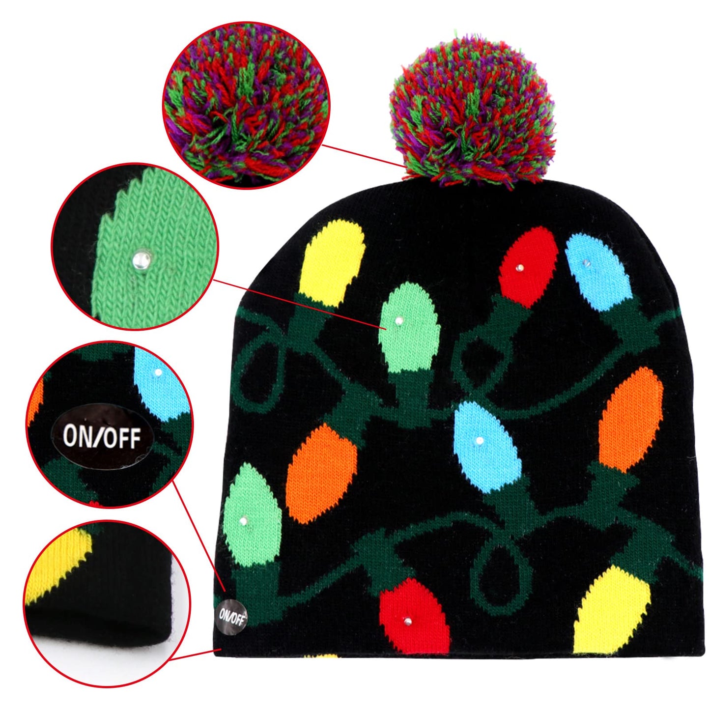 OurWarm LED Christmas Beanie Light up Christmas Hats, Knit Hats with 6 Colorful LED Lights, Unisex Winter Snow Hat Sweater Ugly Holiday Hat Party Beanie Cap Black