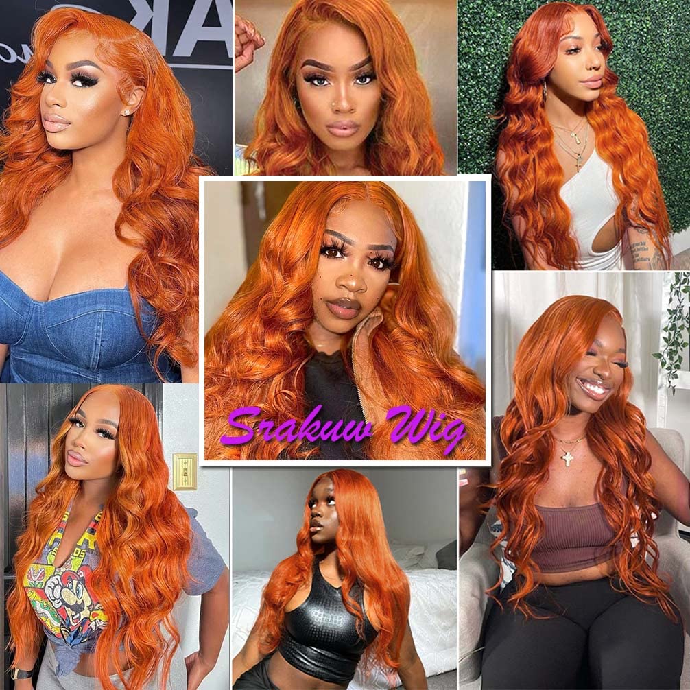 13X4 Orange Ginger Lace Front Wigs Human Hair Pre Plucked Brazilian Colored Body Wave Human Hair Wigs for Black Women HD Lace Frontal Wigs Human Hair 180% Density (28 Inches)