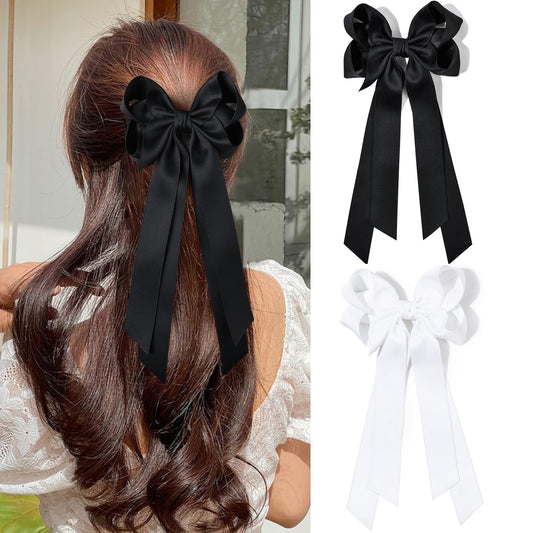2PCS Hair Bows for Women Hair Clip Black White Hair Ribbon Accessories Slides Metal Clips Hair Bow for Women Girls Toddlers Teens Kids