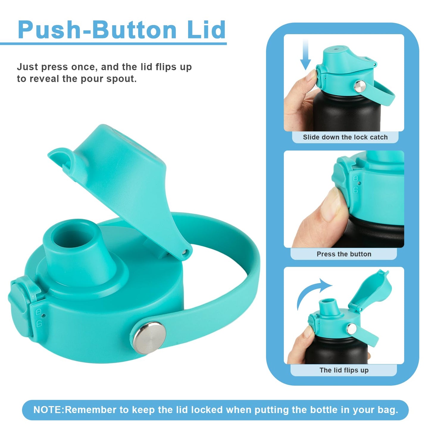EIPOSAU Auto Flip Lid for Hydro Flask Wide Mouth, Great Spout Lid for Simple Modern, Fits for Iron Flask and Other Brands, Replacement Lid with Button Lock, Seafoam