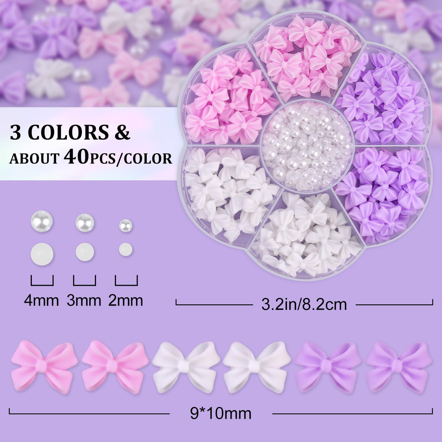 120 Pcs 3D Bow Charms + 2-4mm Nail Pearls - Pink White Lilac Bows & White Flatback Pearls with Glue Gel (UV Needed) & Pickup Tools