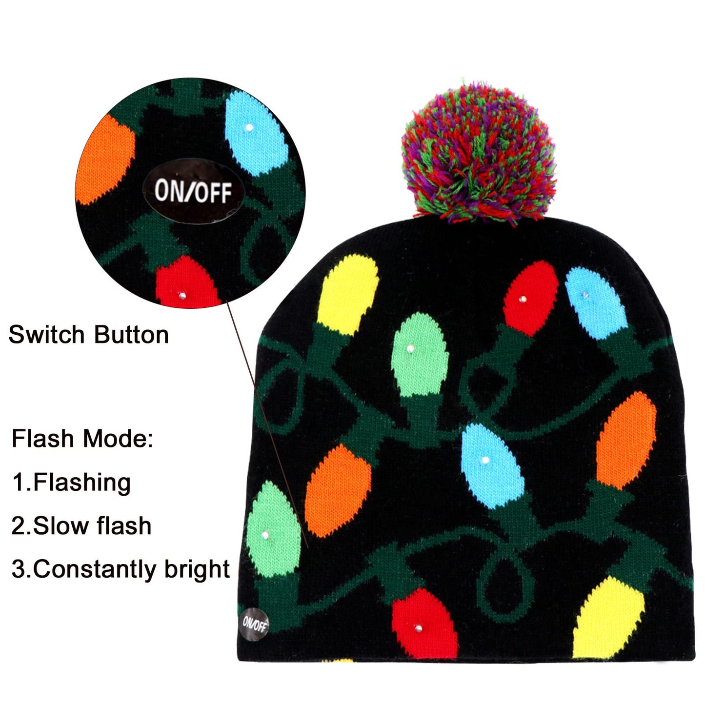OurWarm LED Christmas Beanie Light up Christmas Hats, Knit Hats with 6 Colorful LED Lights, Unisex Winter Snow Hat Sweater Ugly Holiday Hat Party Beanie Cap Black