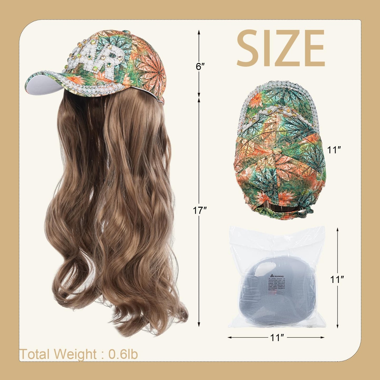 SUNBORRY Hat Wig for Women Baseball Cap with Hair hat with hair attached for women Extensions Adjustable Hat Attached 29" Long Wavy Hairpieces Synthetic Wig