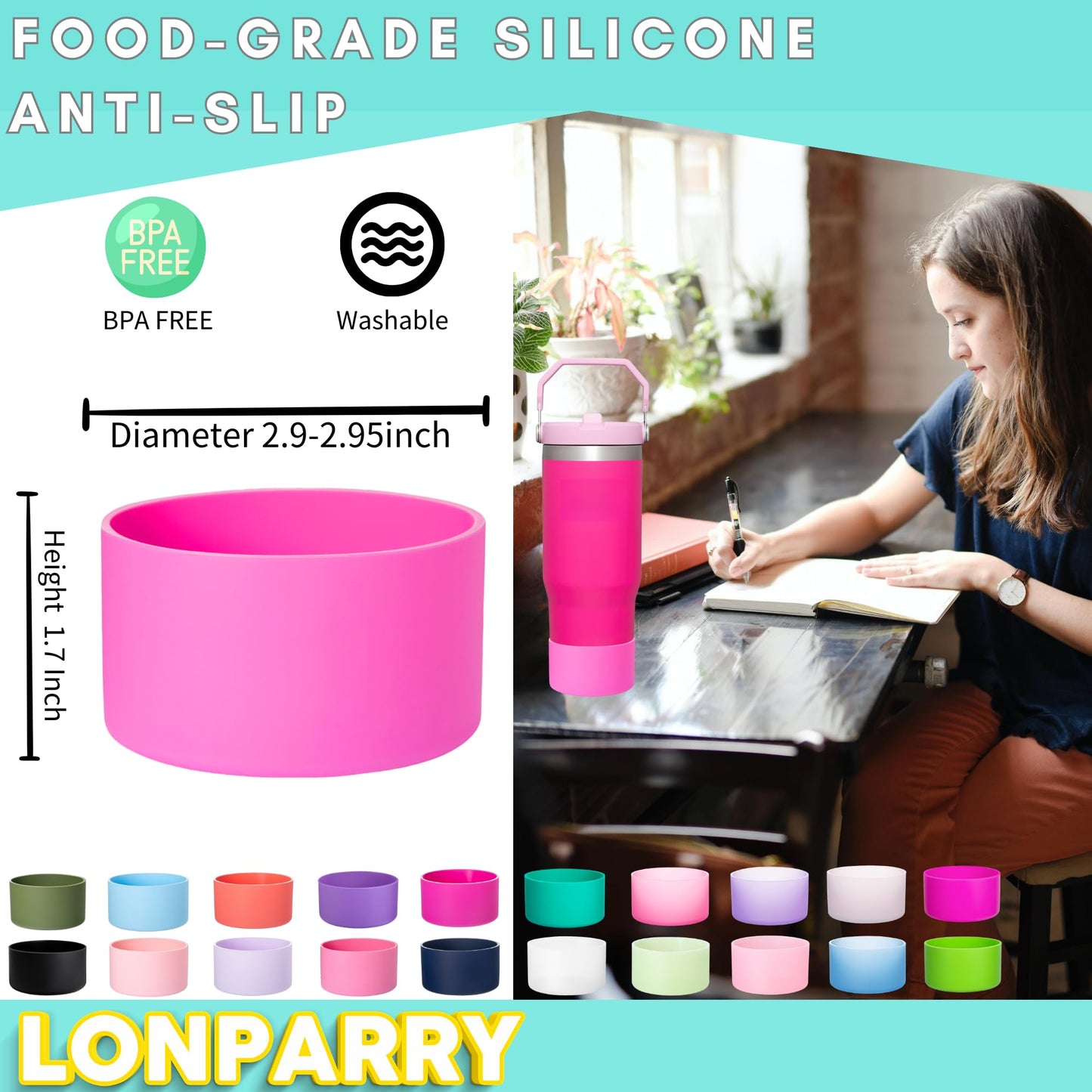 LONPARRY 4-Pack Silicone Boot for Stanley Cup Quencher IceFlow Rubber Bottom Sleeve Protector for Stanley Tumbler Car Travel Cup Bottle Bottom (Babie Pink+Rose+Baby Pink+Rouge Pink)