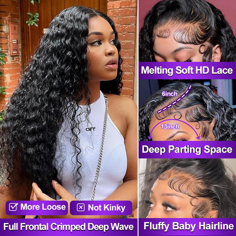13x6 Deep Wave Lace Front Wigs Human Hair 200% Density Black Curly Lace Frontal Wig Human Hair for Women Glueless Wigs Human Hair Wet and Wavy Wigs Pre Plucked with Baby Hair (32 Inch)