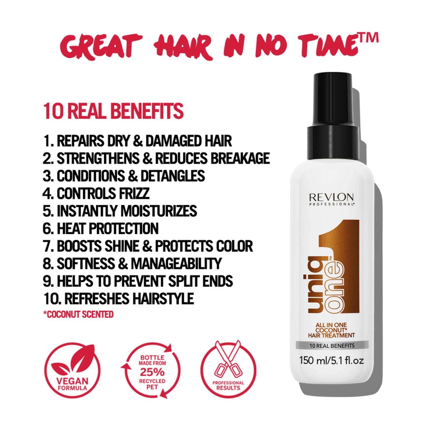REVLON PROFESSIONAL UniqOne Hair Treatment, Moisturizing Leave-In Product, Repair For Dry and Damaged Hair, Promotes Healthy Hair, Coconut Fragrance, 5.1 Fl Oz (Pack of 1)