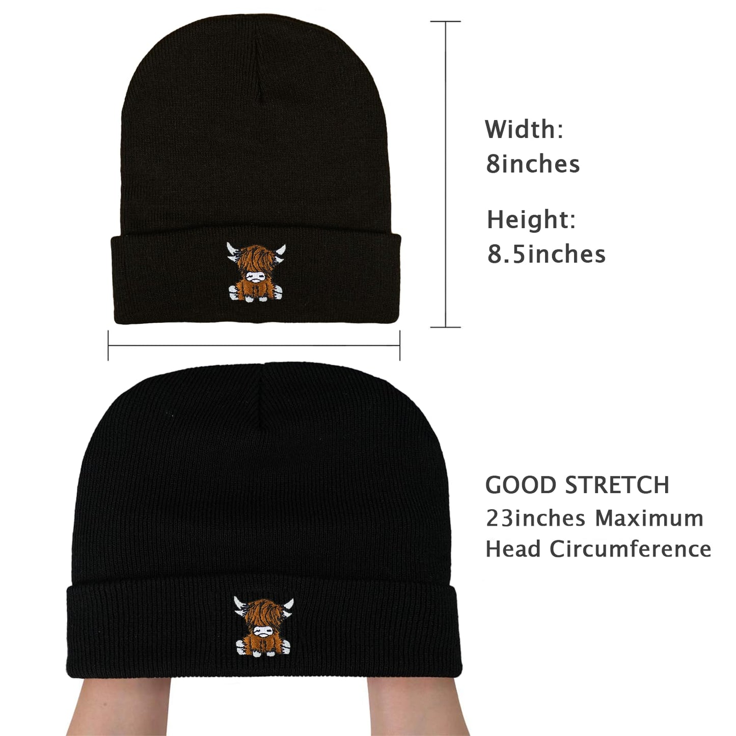 gswirmchsq Scottish Highland Cow Beanie Hat Black, Cute Funny Cow Embroidery Winter Knit Skull Cap for Adult Men Women