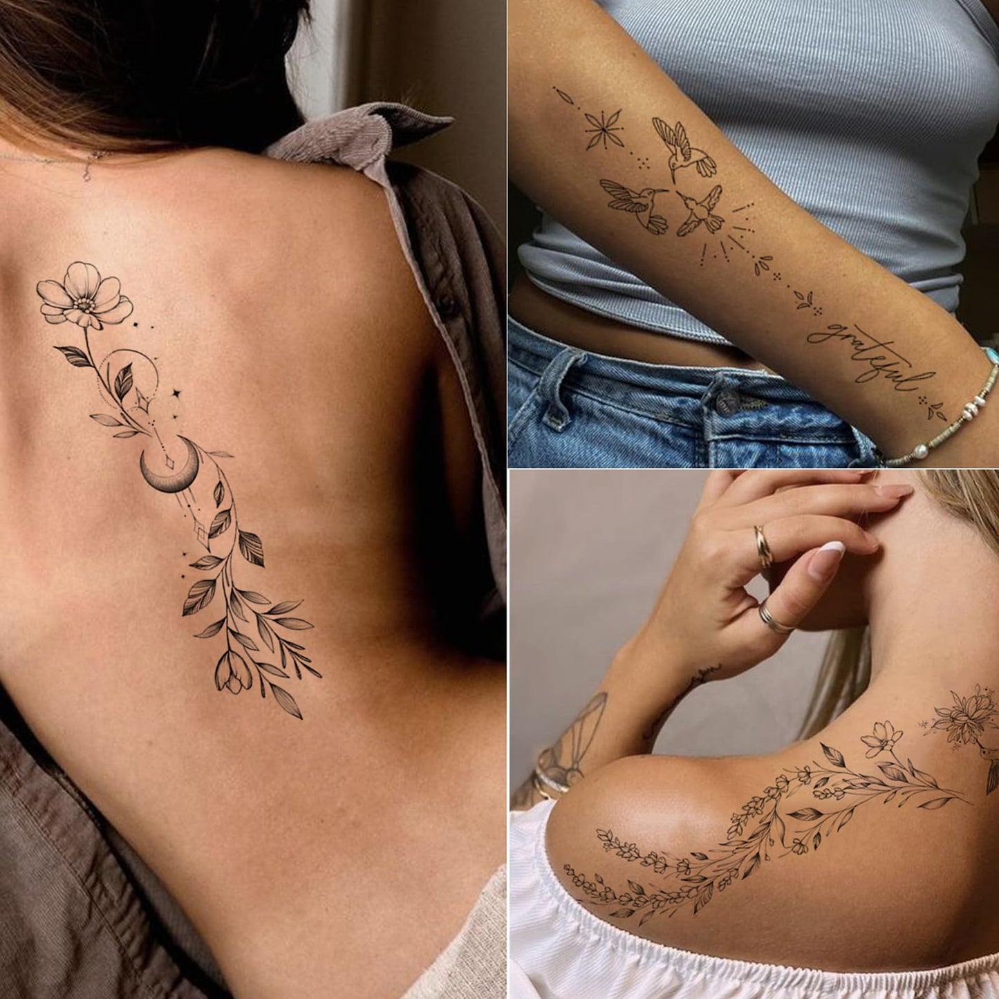 Tazimi Temporary Tattoos For Women Girls-24 Sheets Branch Flower Leaf Wild Plants Sketch Realistic Long-lasting Tattoo Stickers Waterproof Tattoo Sets for Arm Collarbone Leg Backbone Body Art