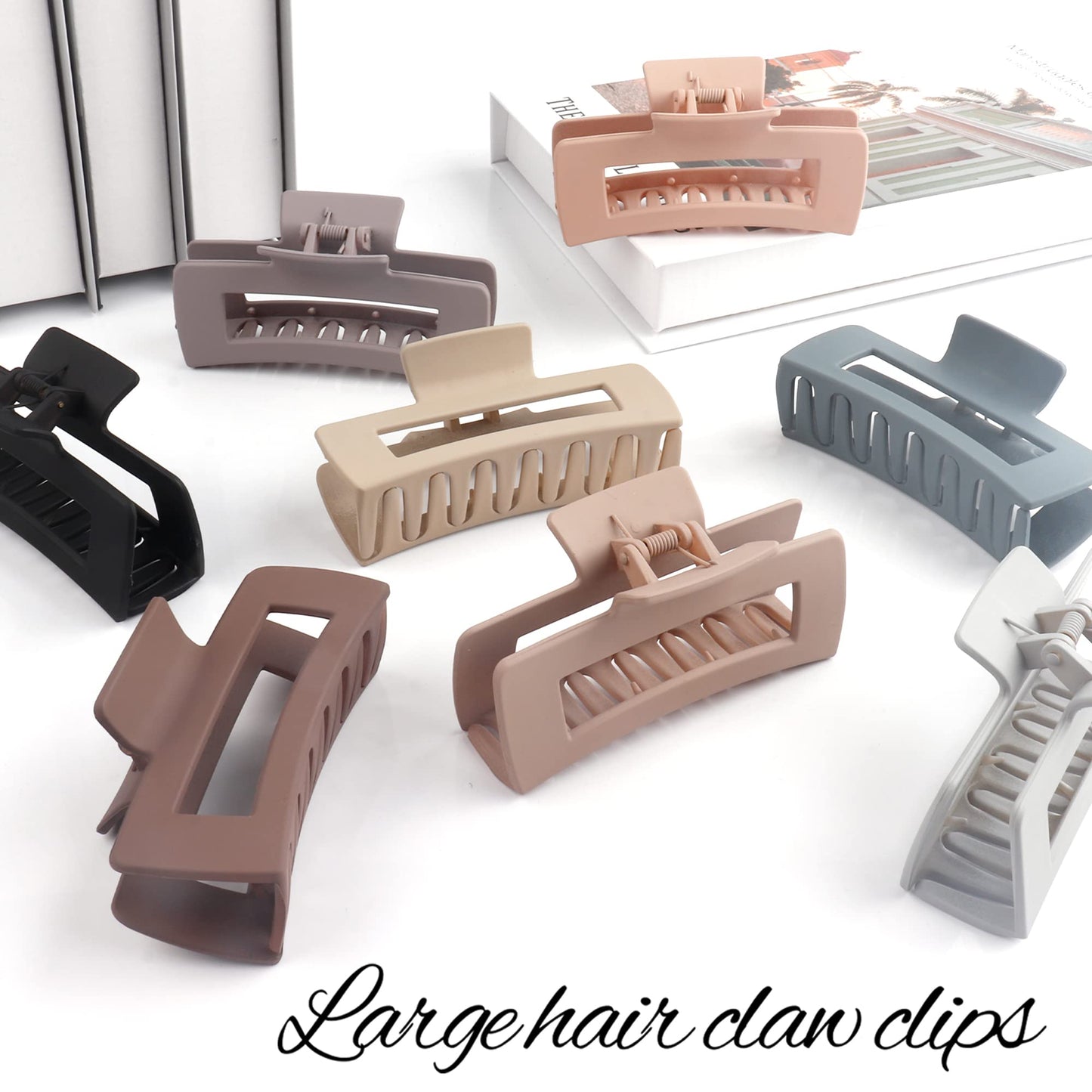 Beauty.H.C Large Nonslip Matte Neutral Claw Hair Clips for Thick, Thin or Curly Hair - 8 Strong Hold Jumbo 4.1 Inch Jaw Clips for Women and Girls