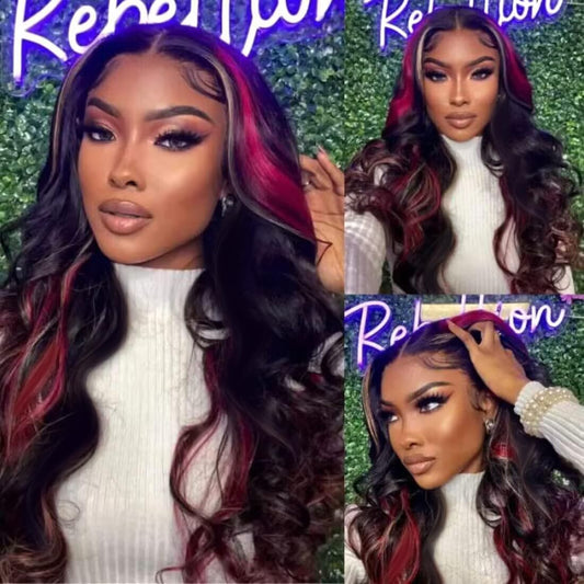 200% Density Glueless Wig Black Red Blonde Wig red and blonde highlight wig human hair Body Wave Lace Front Wigs Human Hair 13X6 Lace Front Human Hair Wigs Pre Plucked with Baby Hair 28 Inch