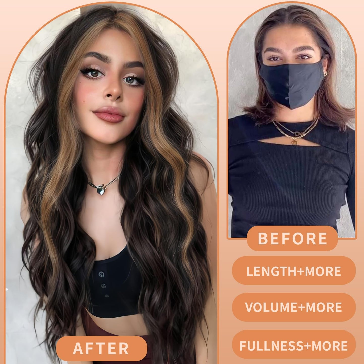 xccoco Brown Highlight Wig Long Wavy Wigs for Women Natural Wavy Curly Synthetic Lace Front Wig Middle Part 26inch Heat Resistant Fiber Wig for Daily Party Use