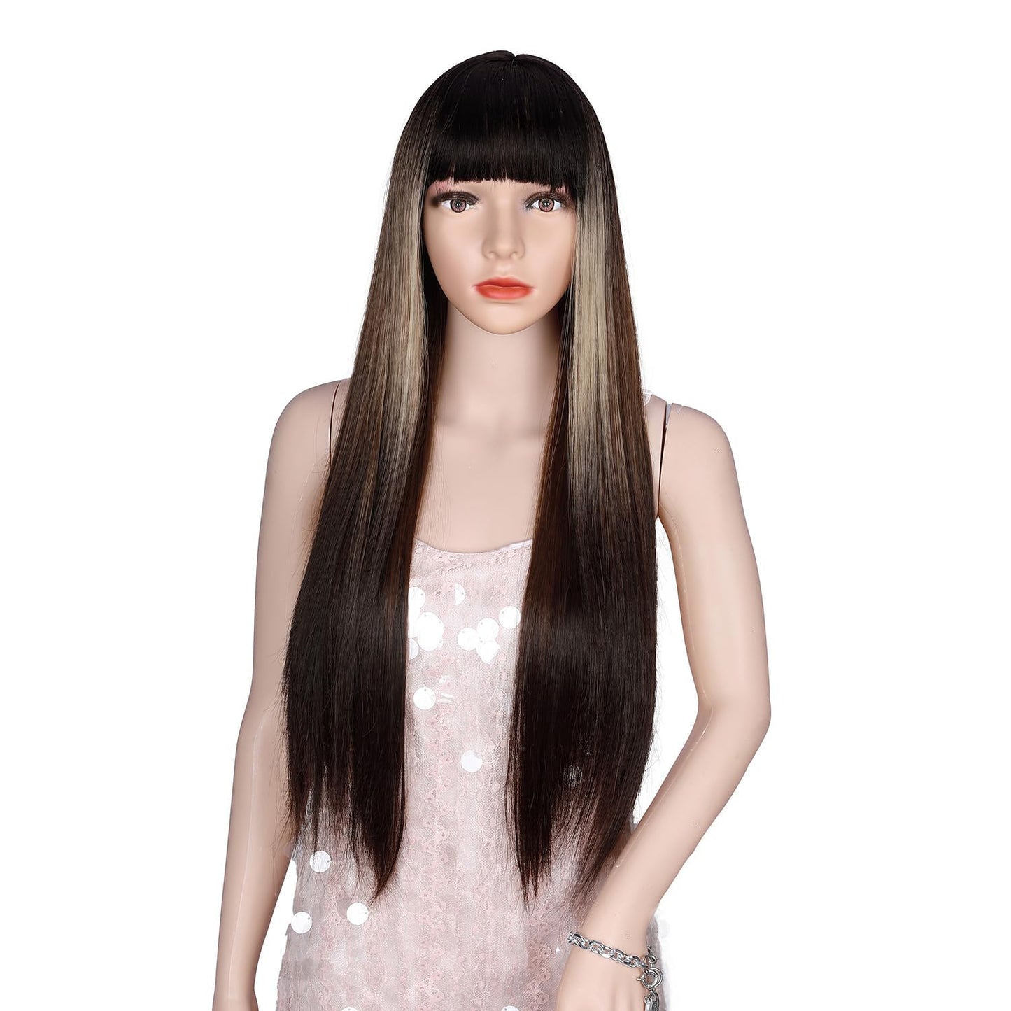 WIGER Straight Dark Brown Wigs with Bangs for Women Highlighted Ombre Long Straight Hair Wig Black-Blonde-Brown Long Wigs with Highlights Middle Part Synthetic Three-tone Hair For Party or Daily