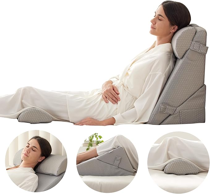 Adjustable 4pcs Bed Wedge Pillow Set, Memory Foam Wedge Pillow Post Surgery for Back, Neck, Leg Pain Relief, Pillow Wedge for Sleeping, Sitting up in Bed, Acid Reflux and GERD, Grey