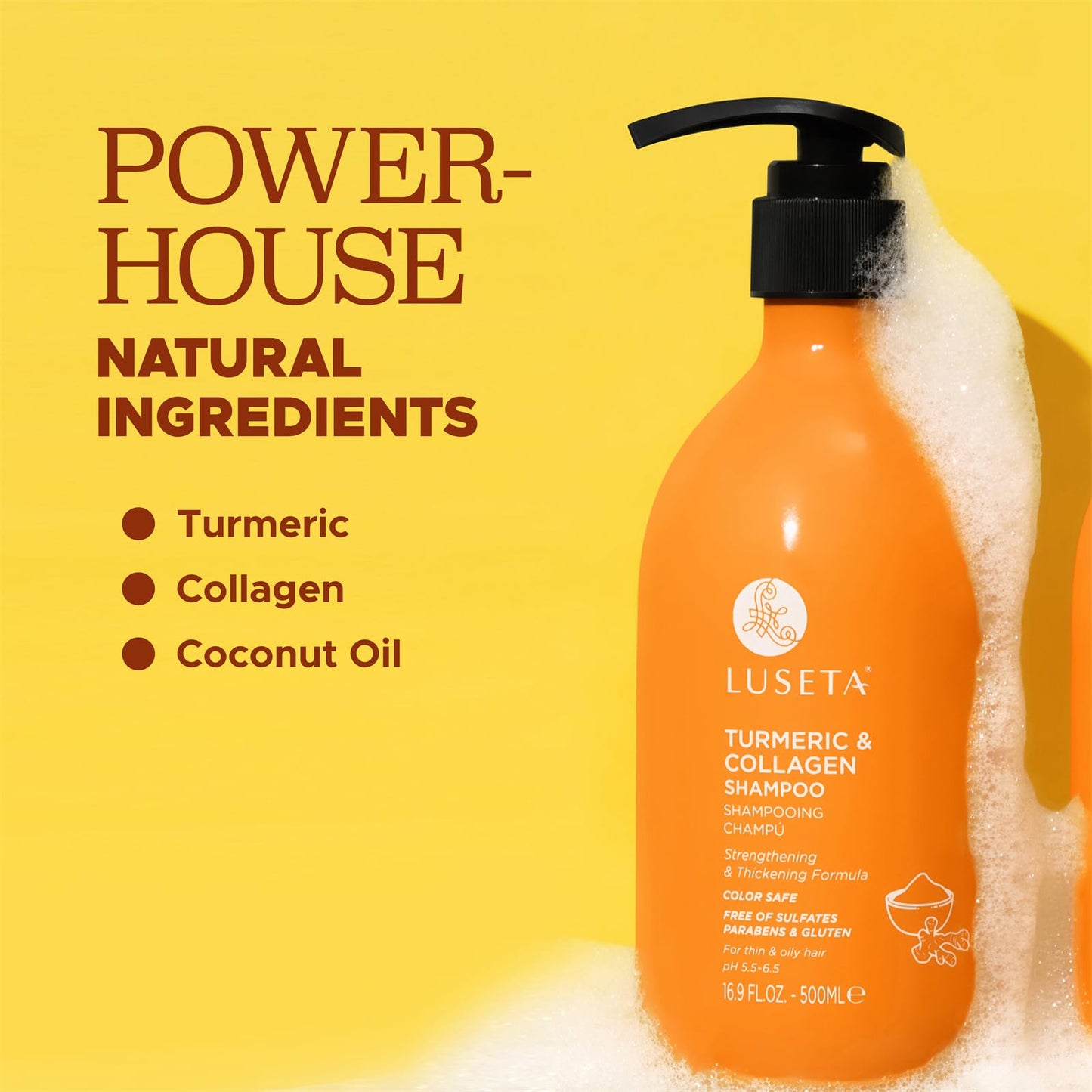 Luseta Hair Growth Shampoo with Turmeric & Collagen, Thickening Hair Volumizing Shampoo for Women and Men Thinning or Oil Hair, Color Safe Shampoo for Treated Hair Sulfate and Parabens Free 16.9Oz