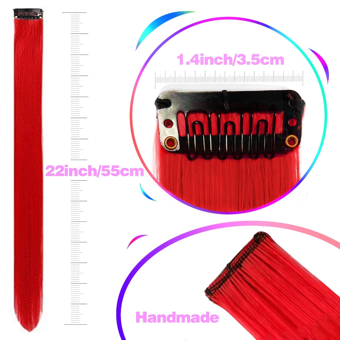 12 PCS Red Hair Extensions Clip in, Colored Party Highlights Extension for Kids Girls Synthetic Hairpiece Straight 22 inch