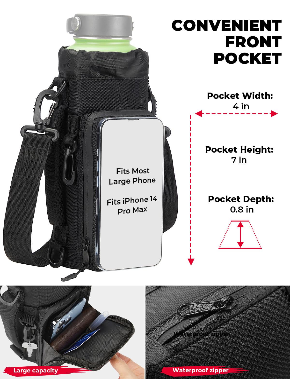 KEMIMOTO Water Bottle Holder Bag, Water Bottle Carrier with Adjustable Shoulder Strap, Water Bottle Pouch Holder for Hiking, Camping, Fishing, Compatible with YETI STANLEY SLM 32 oz, 40 oz, 64 oz