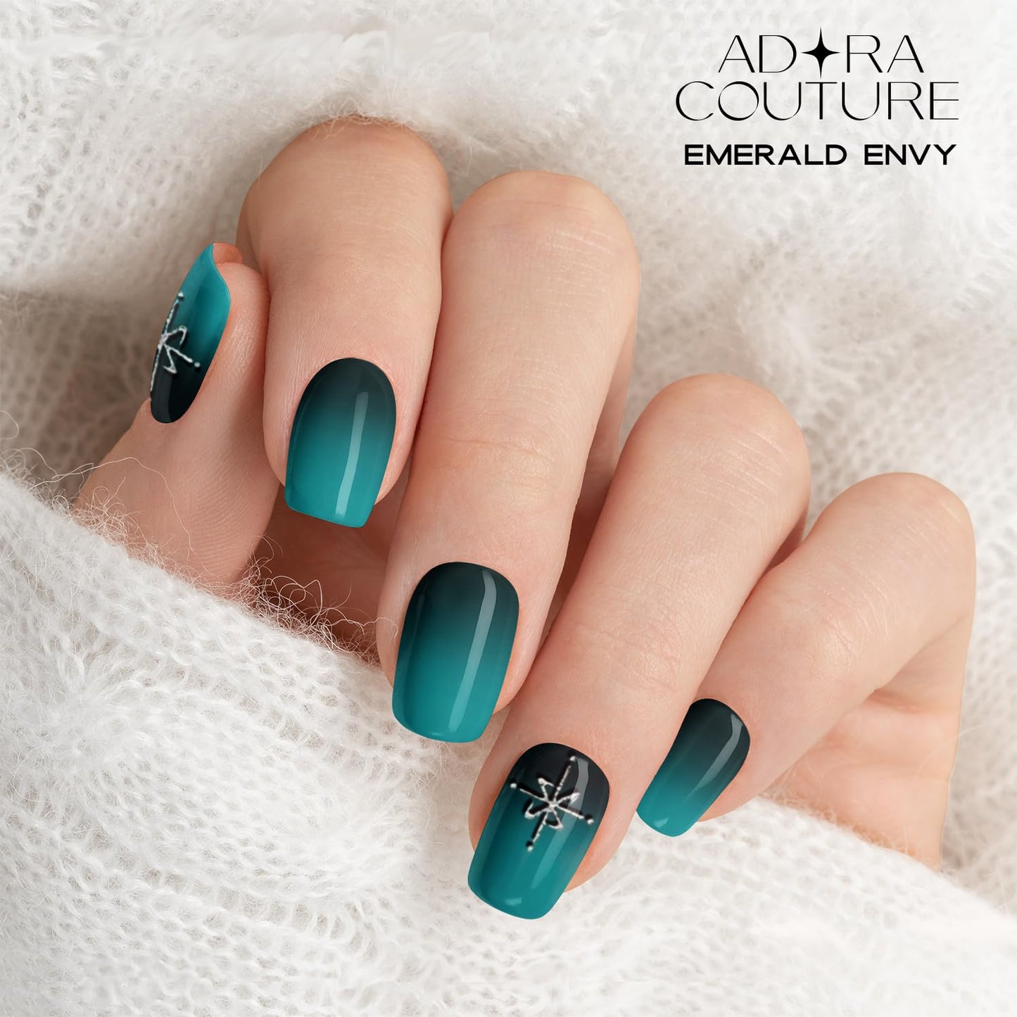 Adora Couture Semi Cured Gel Nail Strips with 30 Pieces, Salon Quality Nail Wraps for Women, Emeral Pattern & Ombre Green UV Gel Nail Stickers, UV Light Required, Emerald Envy