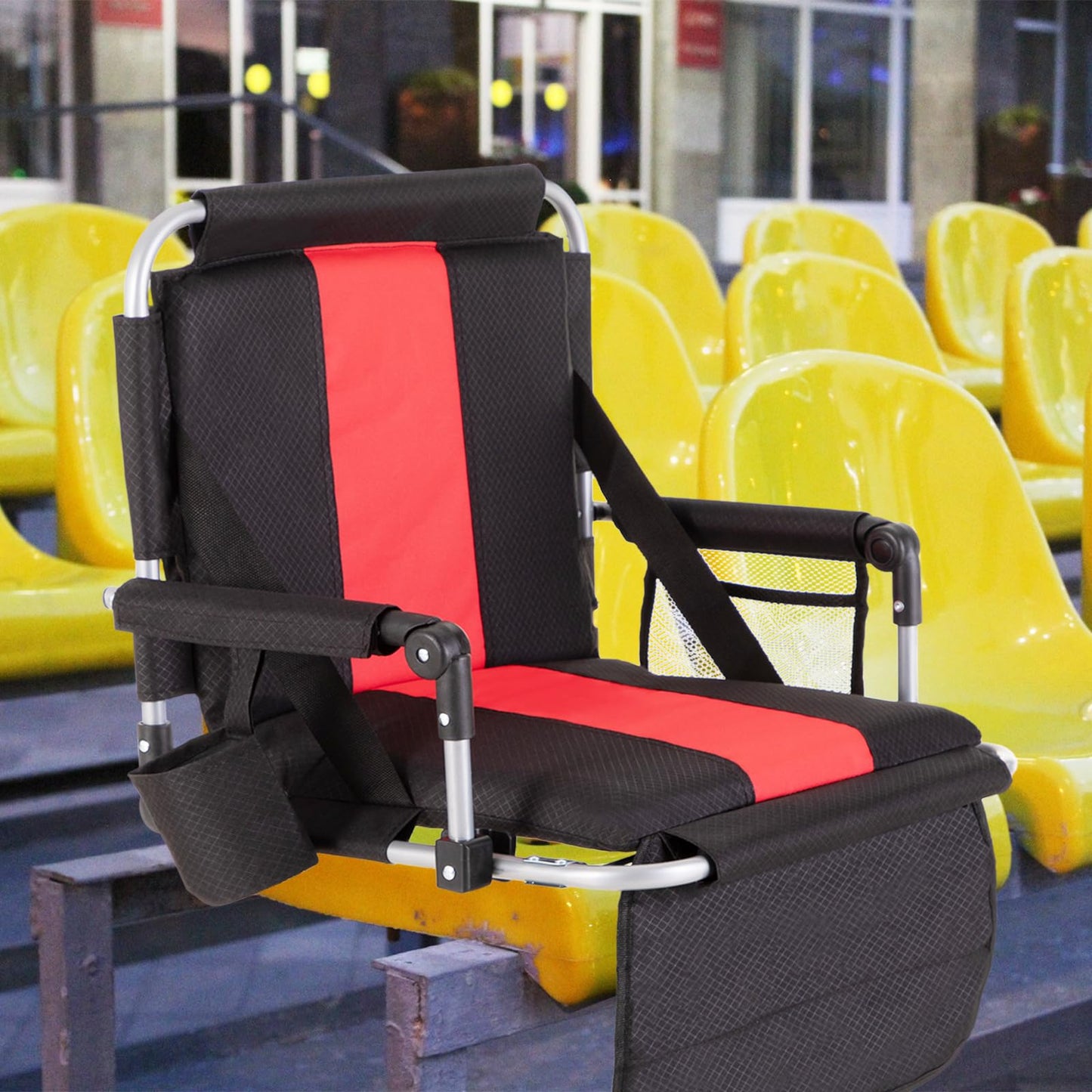 GREEN PARTY Stadium Seat for Bleachers Portable Outdoor Floor Folding Stadium Chair with Armrest, Back Support, Cup Holder, Mesh Bag and Hide Hooks, Black Red
