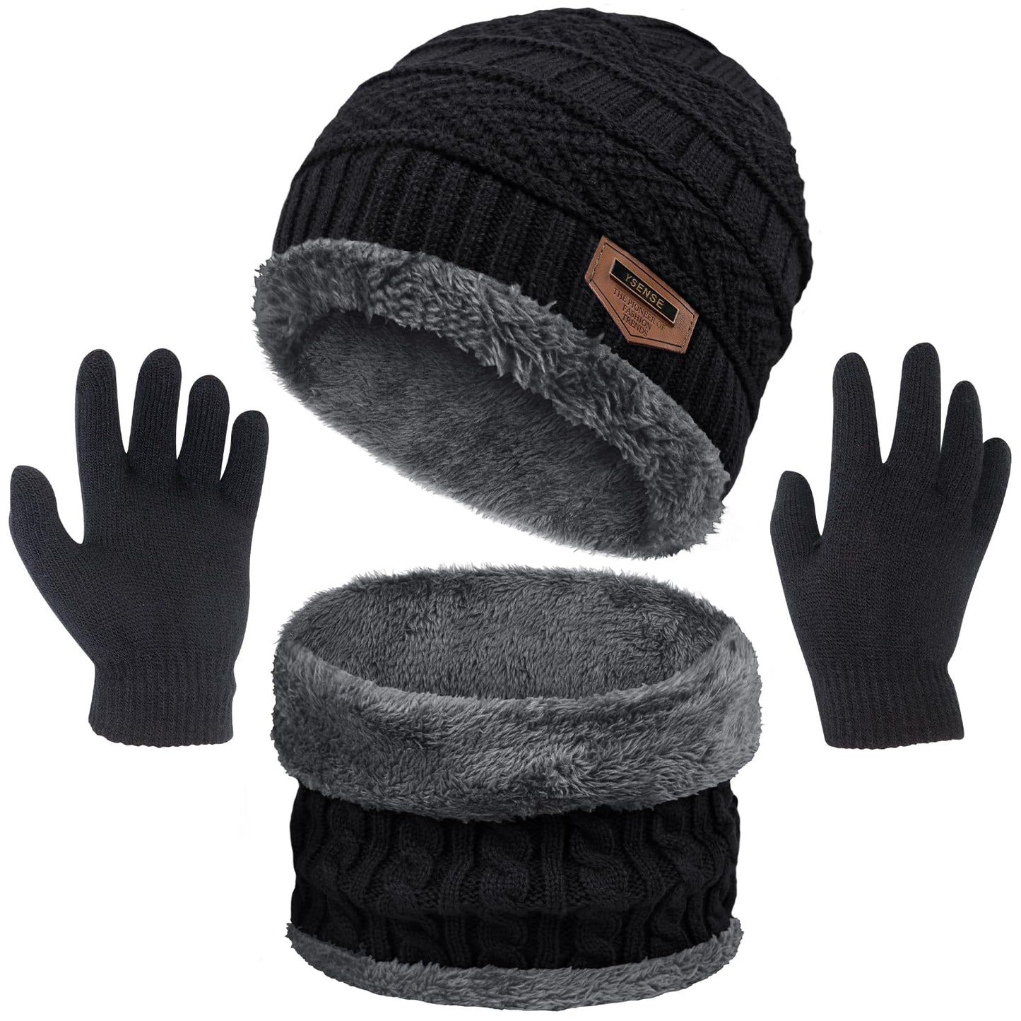 3 Pcs Boys Girls Winter Beanie Hat Scarf Gloves Set Thick Knitted Warm Toddler Winter Hat Mittens Neck Warmer for Kids