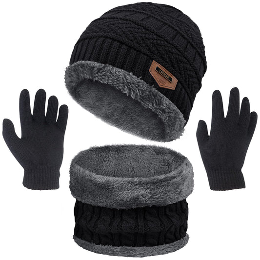 3 Pcs Boys Girls Winter Beanie Hat Scarf Gloves Set Thick Knitted Warm Toddler Winter Hat Mittens Neck Warmer for Kids