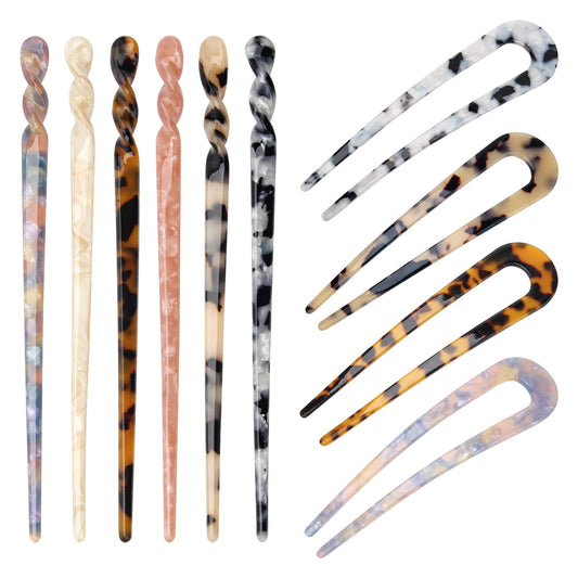 6+4P Acetate Hair Sticks Set, Coldairsoap 2 Styles Tortoise Shell Hair Pins U-Shaped Straight Chopsticks 10 Colors Vintage French Hair Forks for Women (Classic)