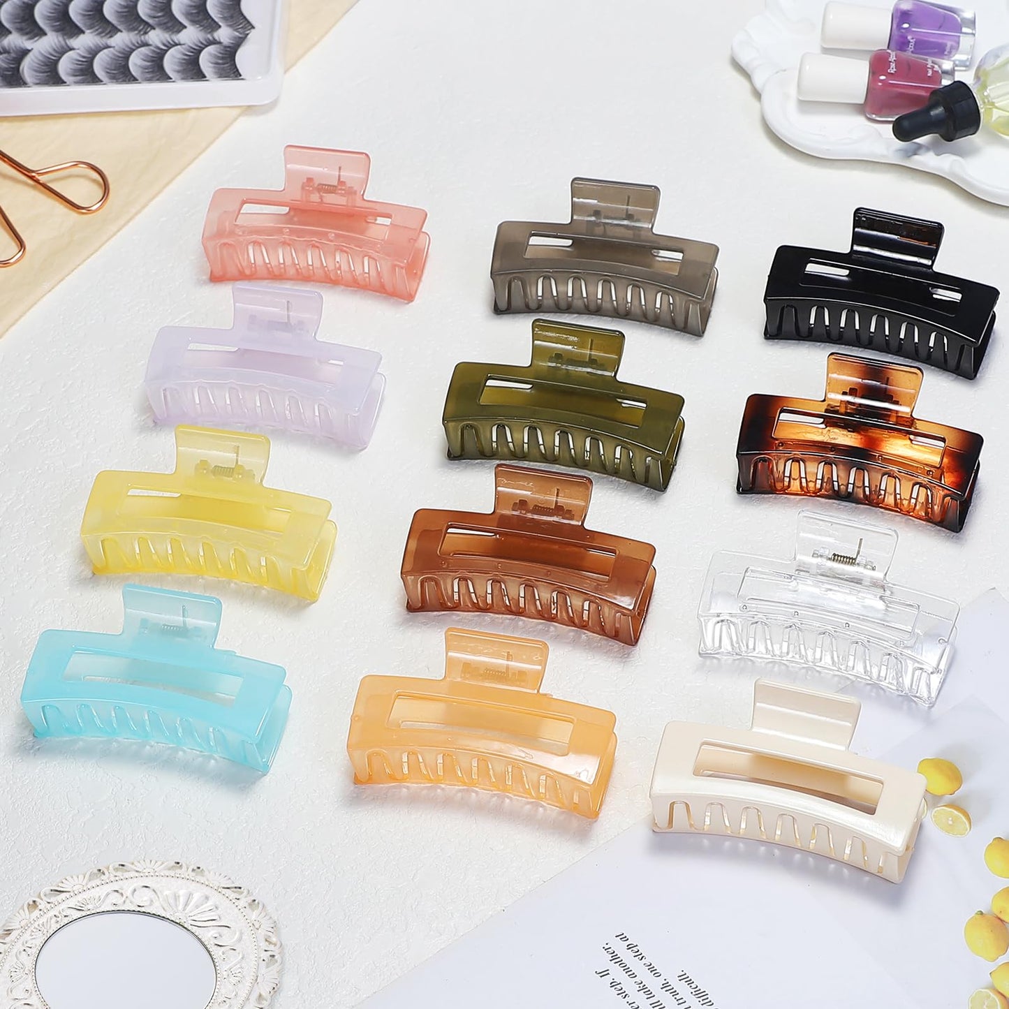 Sisiaipu 12 Pack Medium Square Claw Hair Clips, 3.5 x 2 x 1.1 inch, Shiny, 12 Colors, Hair Accessories for Women and Girls, Rectangular Rectangle Jaw Clips for Thick and Thin Hair Securing, 12 Pieces