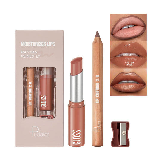 2Pcs Lip Liner and Lipstick Combo, Highly Pigmented Lip Liner and Lipstick Set for women, Long Lasting Matte Lip Pencil and Hydrating Lip Balm Lip Gloss Makeup Kits with Sharpener