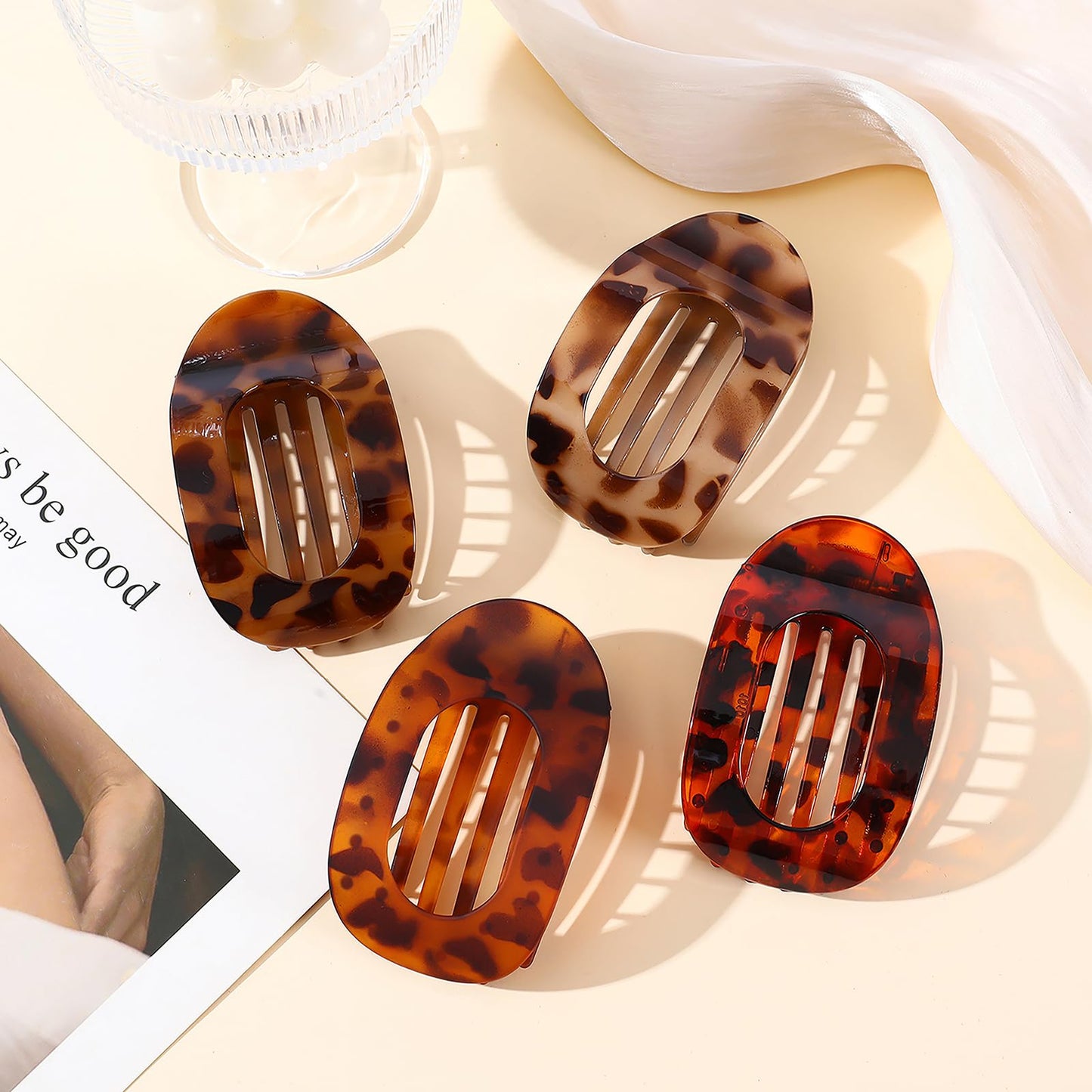 4 PCS Flat Hair Clips, Round Lay Down Claw for Women Girls, French Strong Hold Barrettes for Thick Thin Hair, Comfortable Curved Flat for Lying, Driving and More (Tortoise)