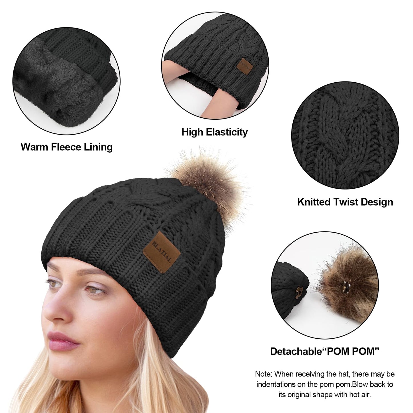3 Pieces Winter Hat and Scarf Set for Women Warm Knit Beanie Fleece Lined Pom Hats Neck Warmer Touchscreen Gloves Gifts,Black Set